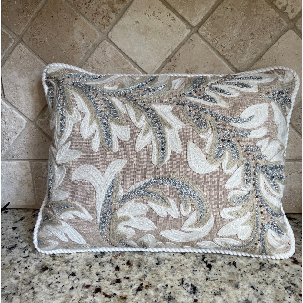 Kim Seybert Linen Taupe Cream Beaded Pillow